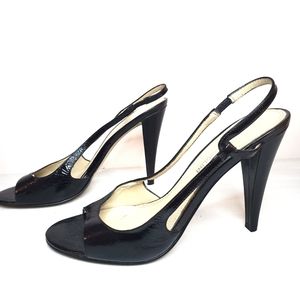 Enzo Angiolini Black Leather Open Toe Pumps